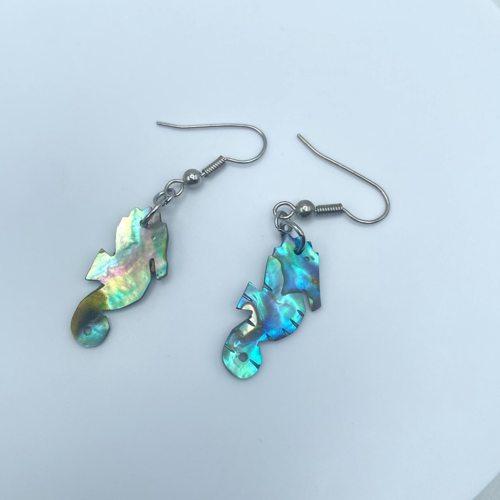 Beauty Silver-Tone Iridescent Abalone Shell Seahorse Drop French Hook Earrings